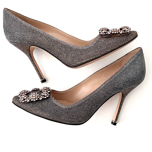 MANOLO BLAHNIK | Hangisi Dark Gold Glitter Fabric Jewel Buckle Pumps EU 37 US 7 - Picture 6 of 14